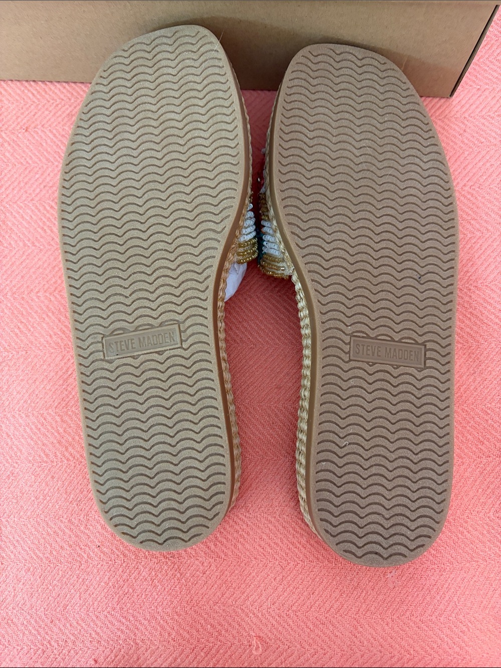 Steve Madden Coral Floral Beaded Slide Sandals with Tan Footbed - Picture 2 of 3